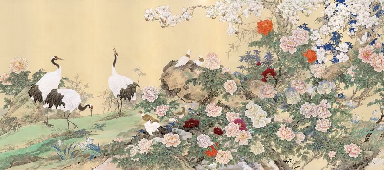 <h2>春光无际颂和平</h2><p>作者：莫晓松</p><p>创作年代：2024年</p><p>规格：110cm×288cm</p><p>品类：中国画</p>